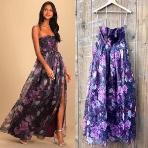 🌿 Purple Floral Strapless Bustier Organza Maxi Dress 🌿